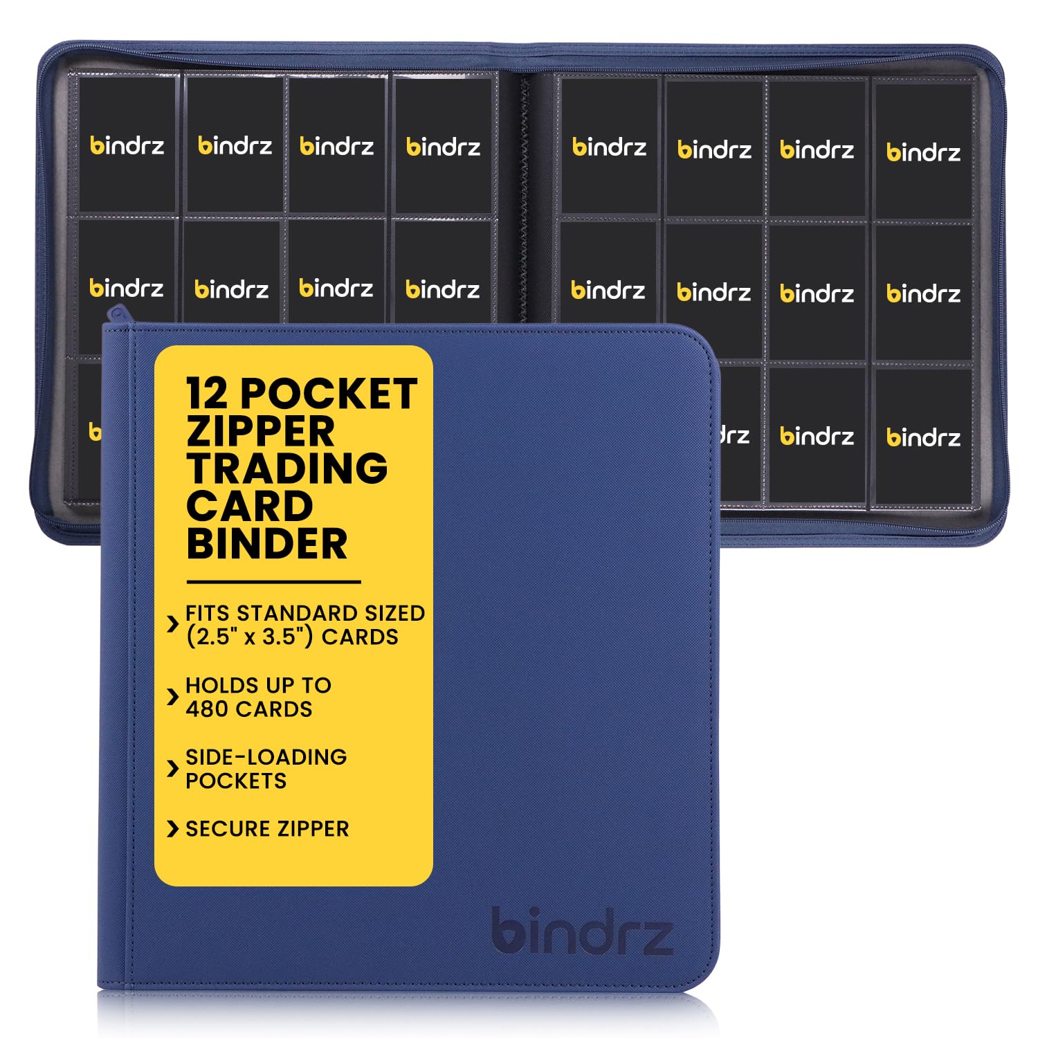 bindrz Raccoglitore a 12 tasche con cerniera per 480 carte collezionabili (blu) | Album con tasche laterali, materiale sicuro per archiviazione, compatibile con TCG MTG e oggetti da collezione sportivi