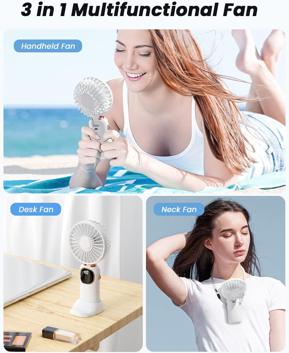 Three images showing the coldSky fan used as a handheld fan, a desk fan, and a neck fan.