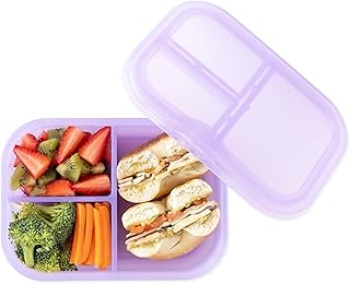 Bumkins Snack/Lunch Bento Box for Kids and Adults, 3 Compartment Container, Leak Proof Lid, for Portioning, Large Section Can Hold Sandwich, Food-Safe LFGB Platinum Silicone, Microwave-Safe, Purple