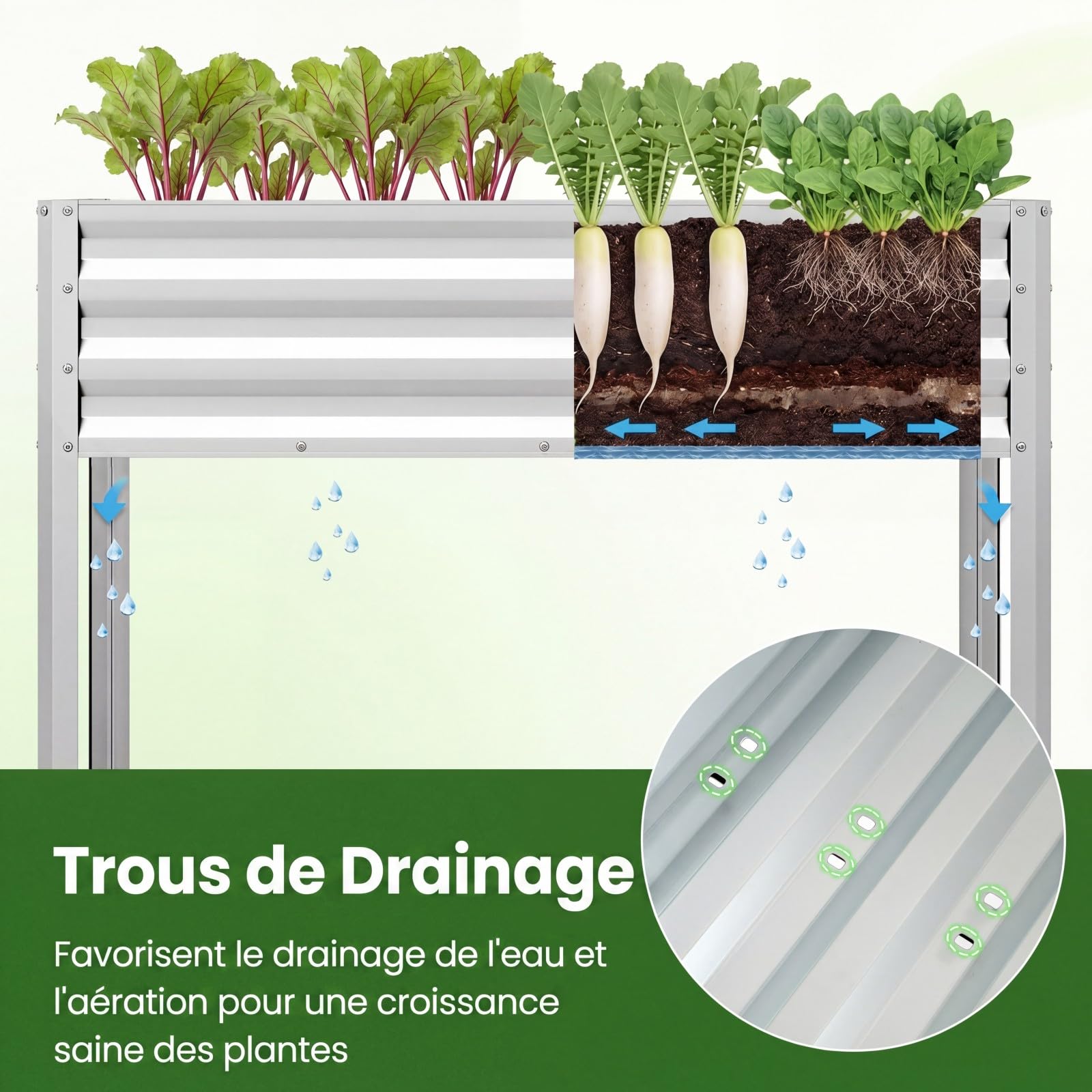 COSTWAY Jardinière Surélevée en Métal 142 L, Carré Potager sur Pied avec Trous Drainage, pour Balcon Terrasse Cour, Lit de Jardin Surélevé pour Légumes Fleurs Fruits, 112 x 55 x 81 cm (Argent)