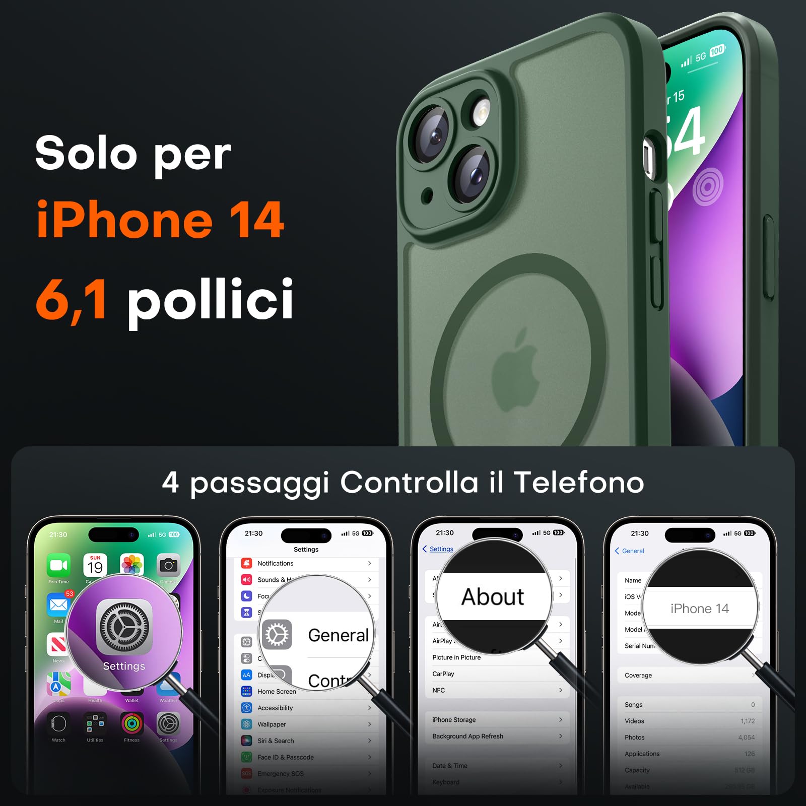 TOCOL Cover Magnetica per iPhone 14 6,1 Pollic, Compatibile con MagSafe, Protezione Fotocamera Integrata, Custodia Antiurto Traslucida Opaca, Verde Alpino