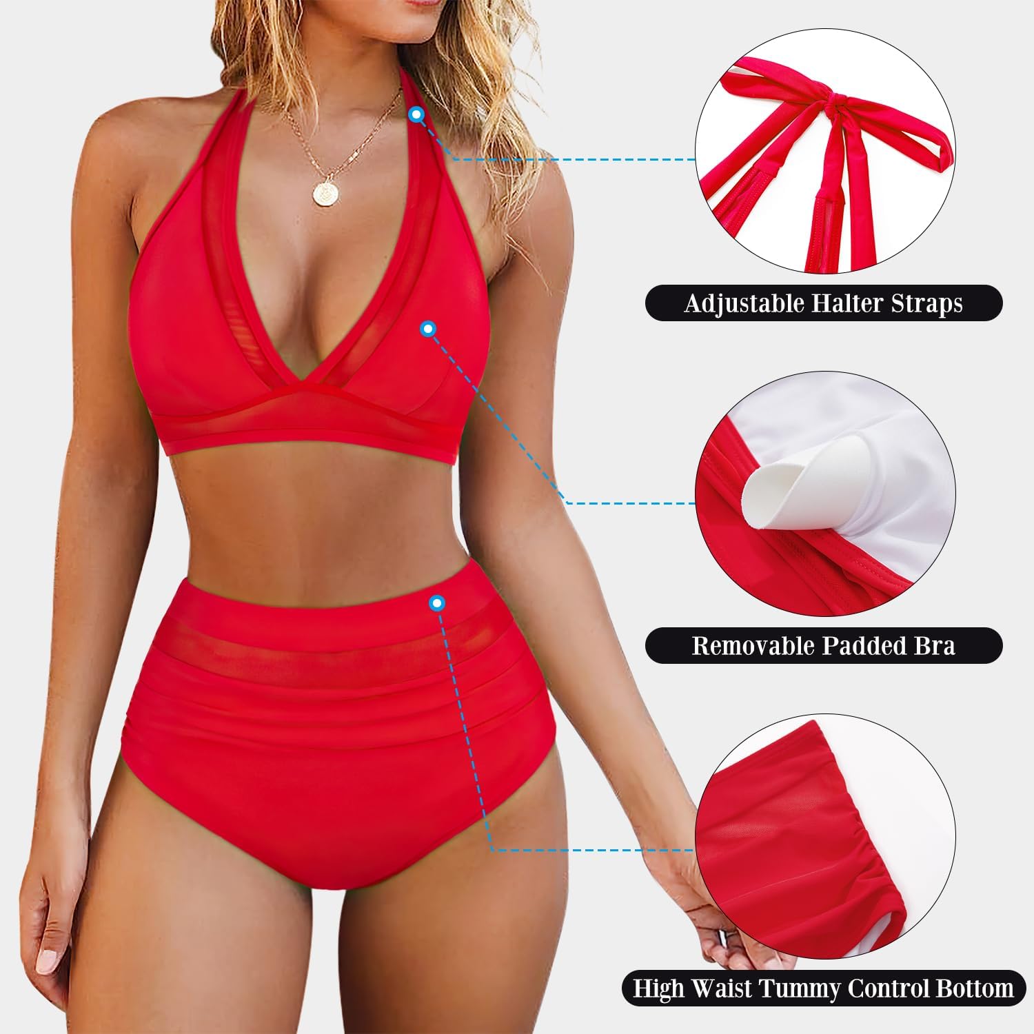 OMKAGI Women Mesh High Waisted Bikini Set Sexy V Neck Tummy Control Swimsuit Bathing Suit - Image 4