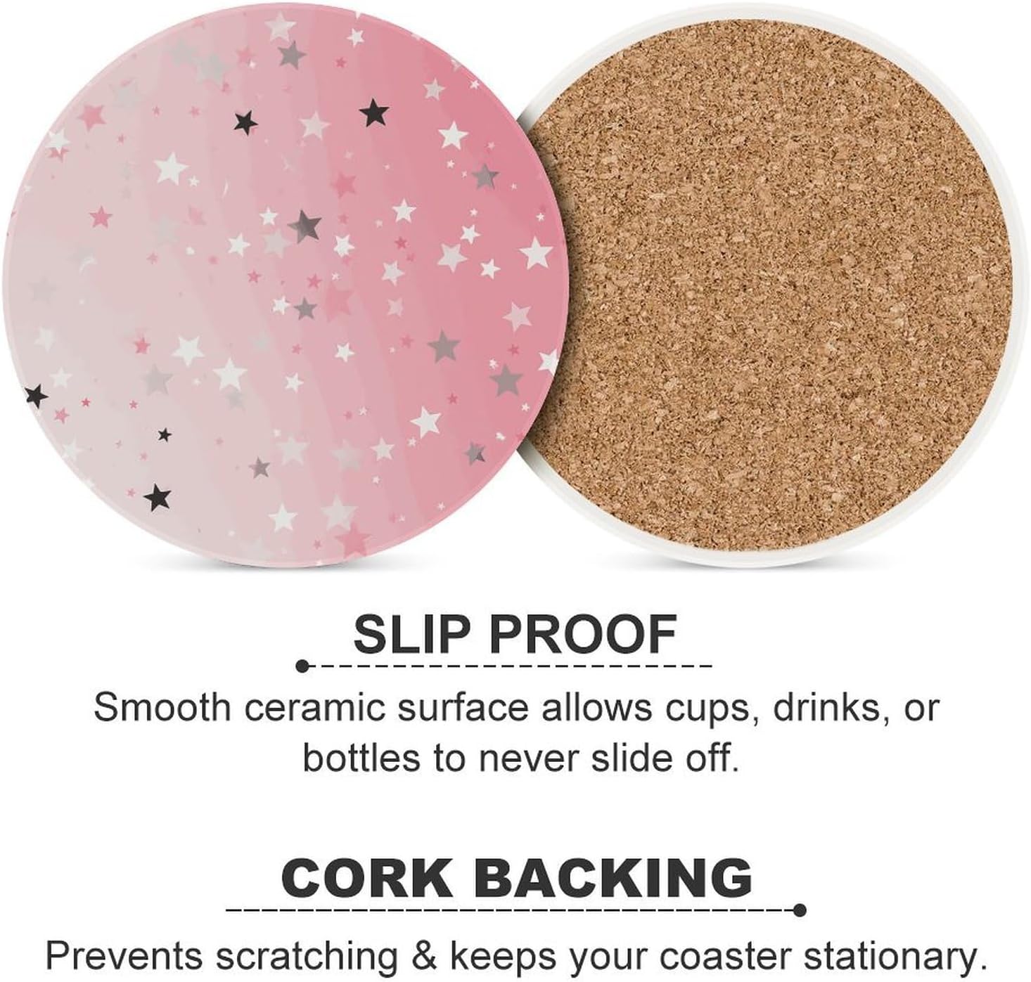 Pink White Stars Coasters Round Coasters Set Ceramic Stone Coaster with Cork Base Coffee Cup Beverage Cup Mat Cute Funny Table Drinks Coaster for Mugs and Cups Office Kitchen