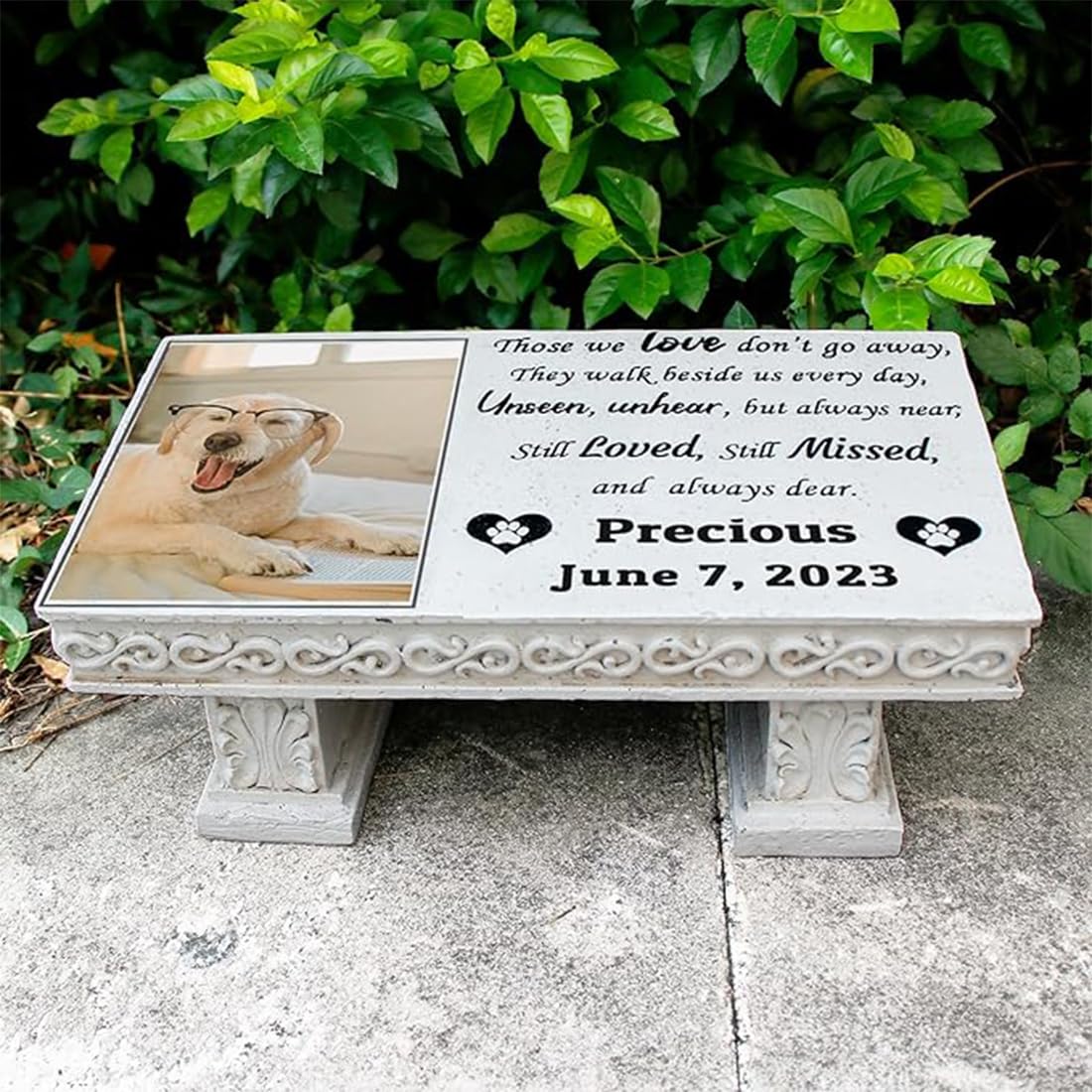 JHB Personalized Bench Pet Memorial Garden Stone Plaque with Colorful Photo, Dog Grave Marker Dog Tombstone Cat Headstone for Graves Loss of Pet Gift Cemetery Garden Plaque (A)