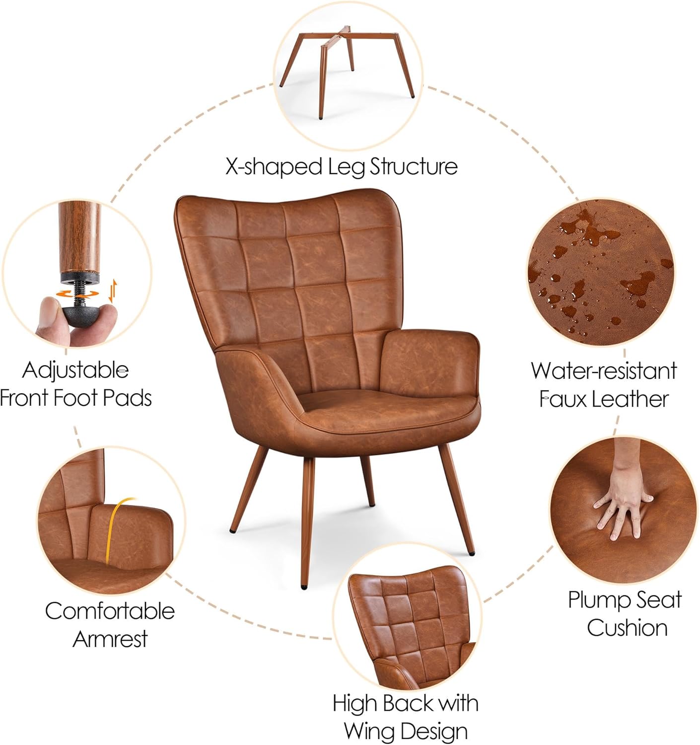 Yaheetech Accent Chairs, Large PU Leather High-Back Chair w/Metal Legs, Pottery Barn Style Living Room Chairs for Bedroom/Home Office, Brown, Set of 2