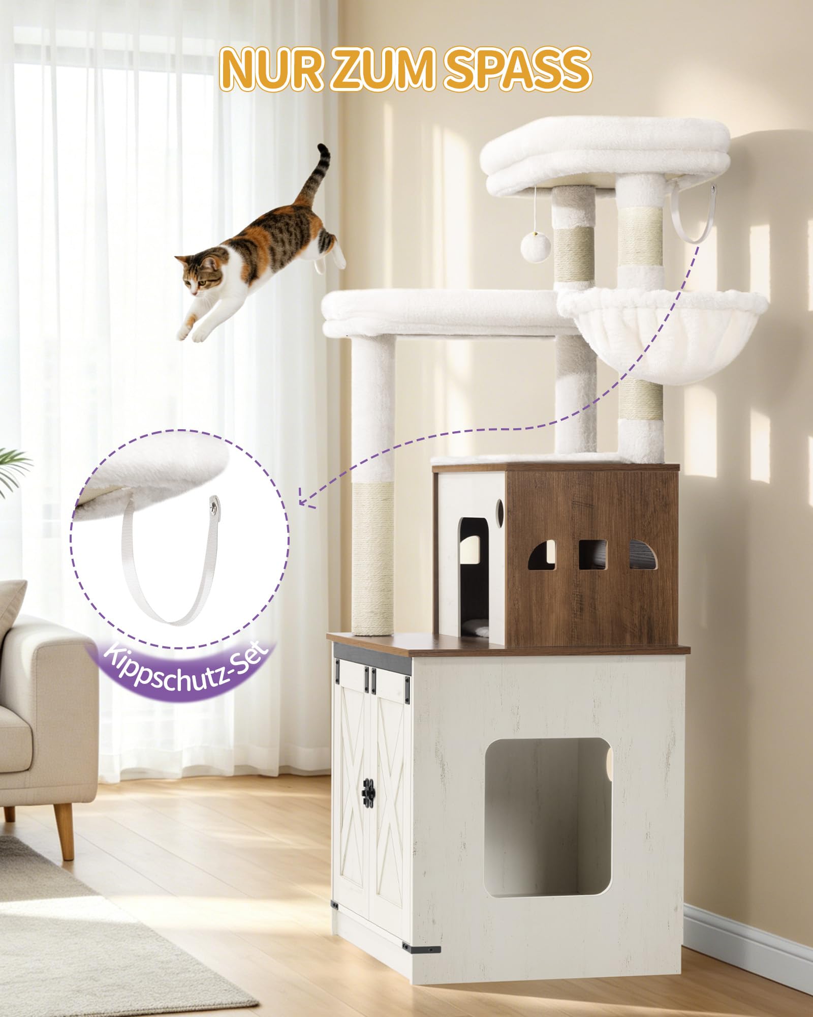 Hzuaneri Katzenbaum mit Katzenschrank, 145 cm Hoch, Braun-Weiß | Kratzbaum, Zwei Große Plattformen, Sisalsäule, Katzenkorb, Katzenhaus, Waschbares Kissen, Plüschbälle, CB89214WT