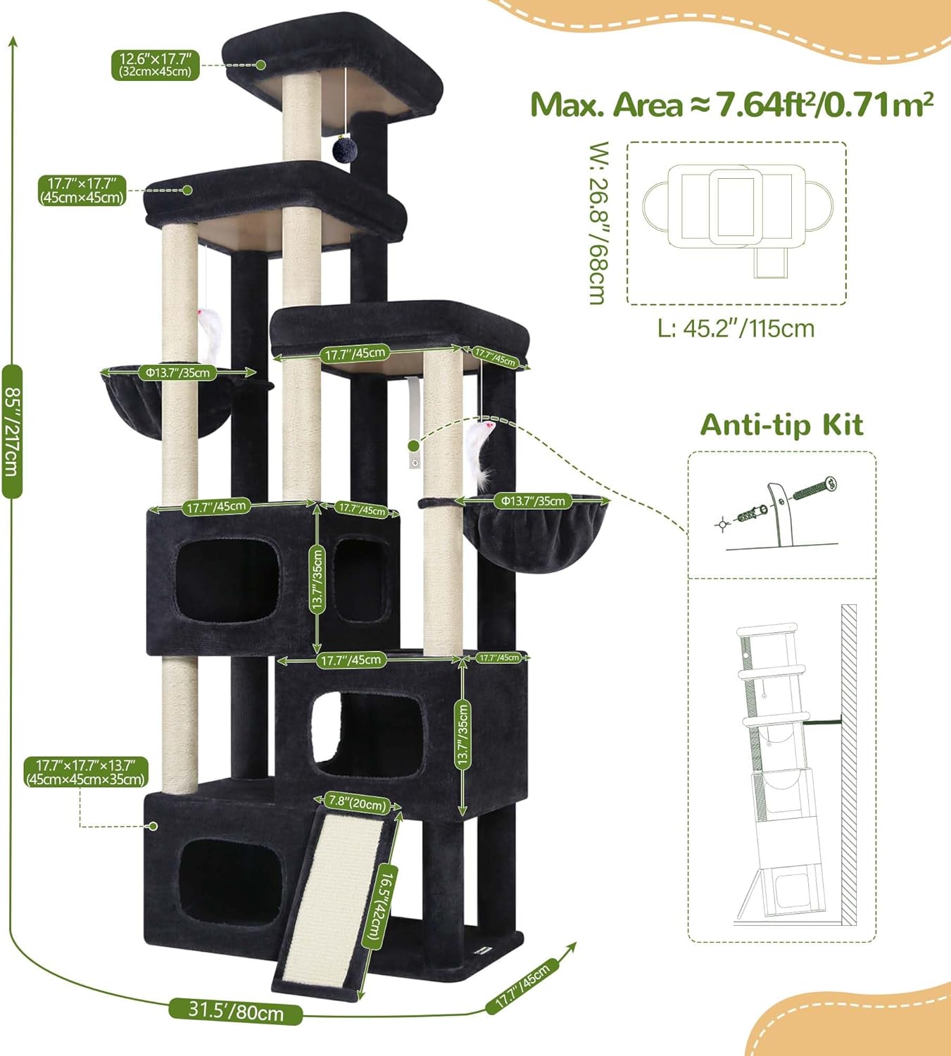 Globlazer 85 Inch Tall Cat Tree for Large Cats, Multi-Level Cat Tower for 4+ Cats with 3 Condos, 2 Hammocks & Sisal Posts, Heavy Duty Cat Tree Tower for Maine Coon, S85, Dark Grey