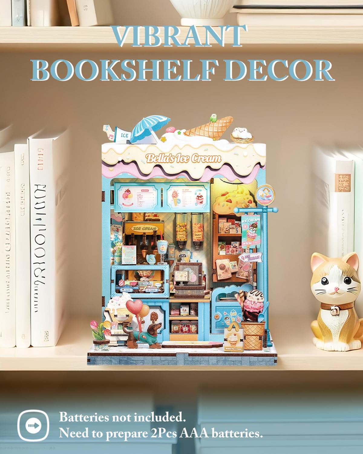 Cutefun Book Nook Kit - Mini Case delle bambole con Luci LED - Modellino Fai da Te per Decorare Librerie - Idea Regalo Unica per Appassionate di Puzzle(Bella‘s Ice Cream)