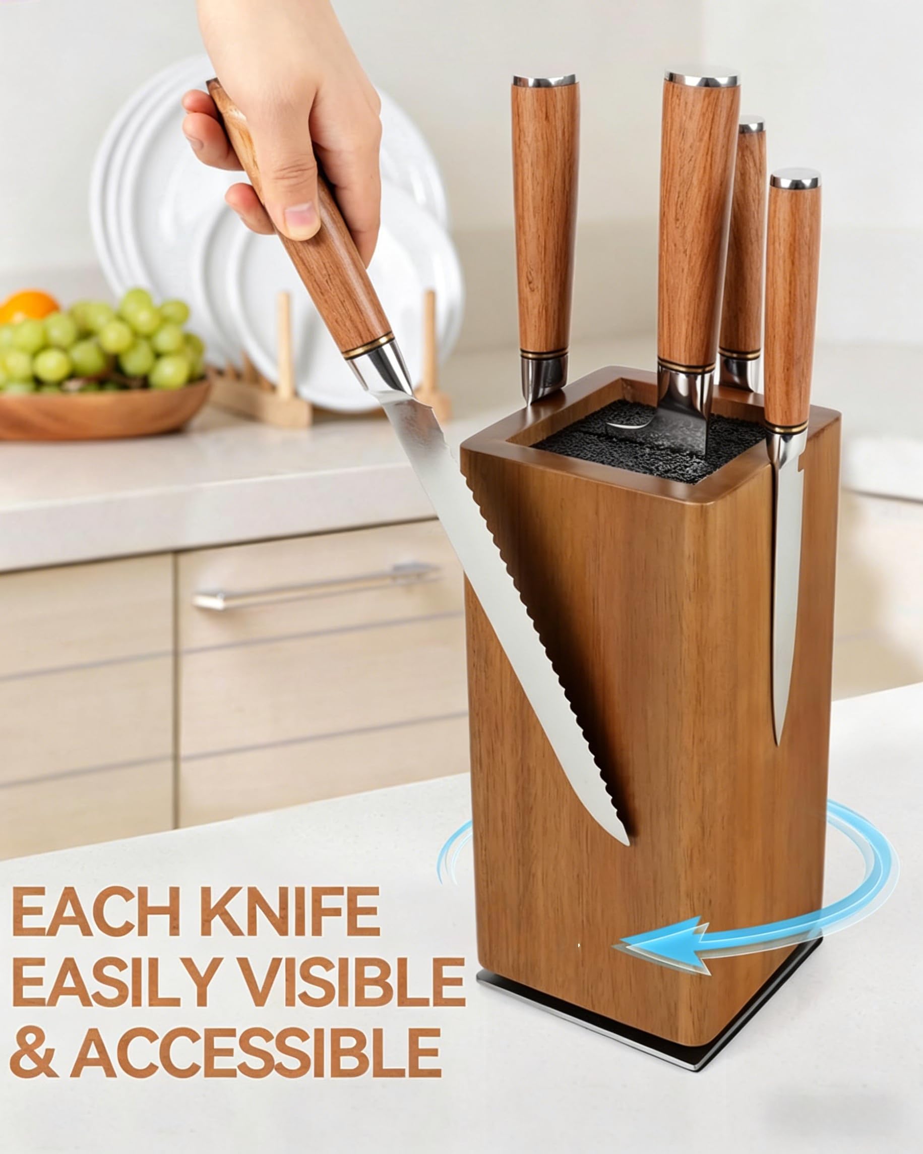 Ceppo magnetico per coltelli, girevole a 360°, universale, in legno, con quattro magneti laterali ultra forti, scaffale per coltelli con setole rimovibili, portaoggetti multifunzionale per
