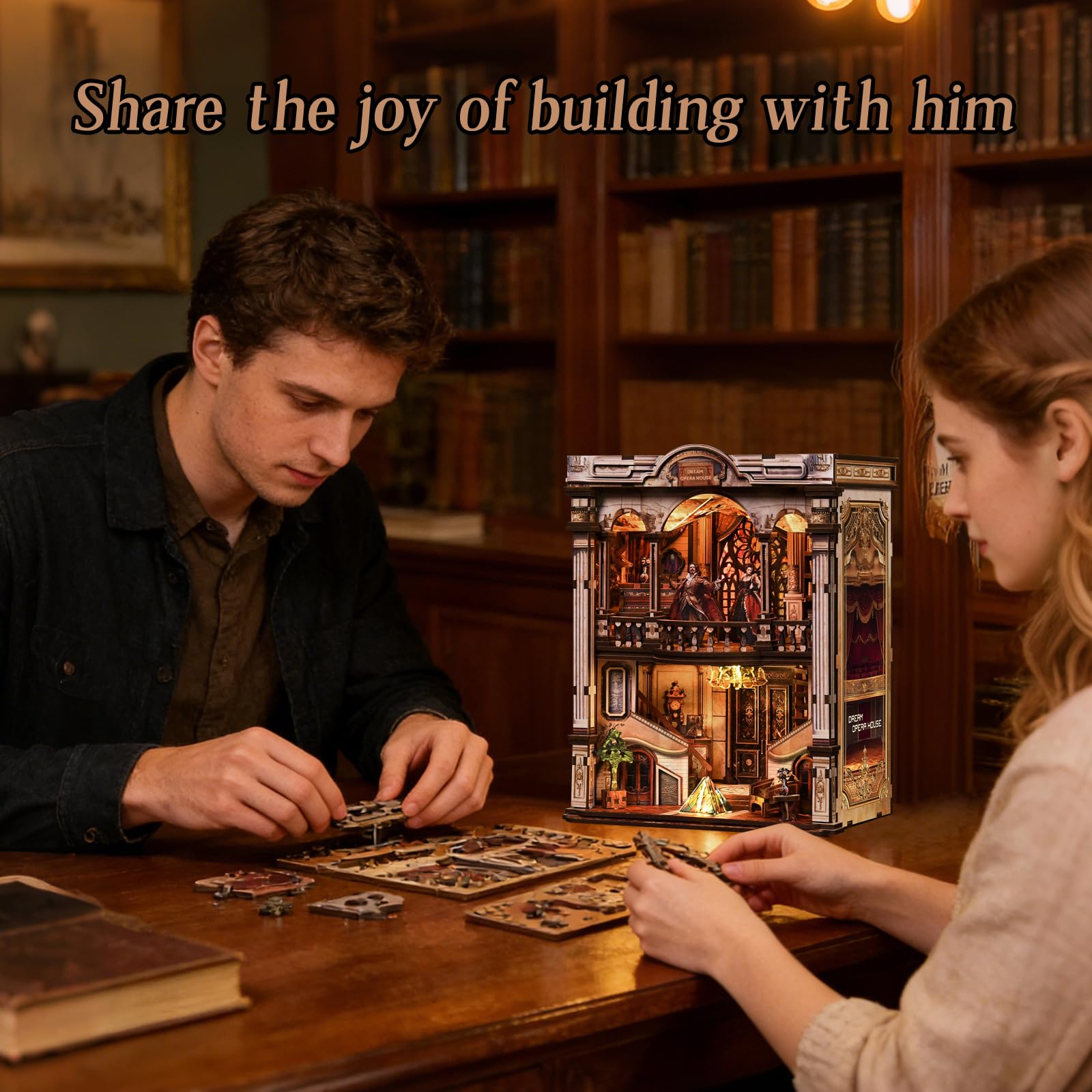 Book Nook Kit w klasycznym stylu vintage – wymarzona robota (Dream Opera House), miniaturowy dom, drewniane puzzle 3D z diodami LED, zestaw do majsterkowania dla dorosłych i młodzieży