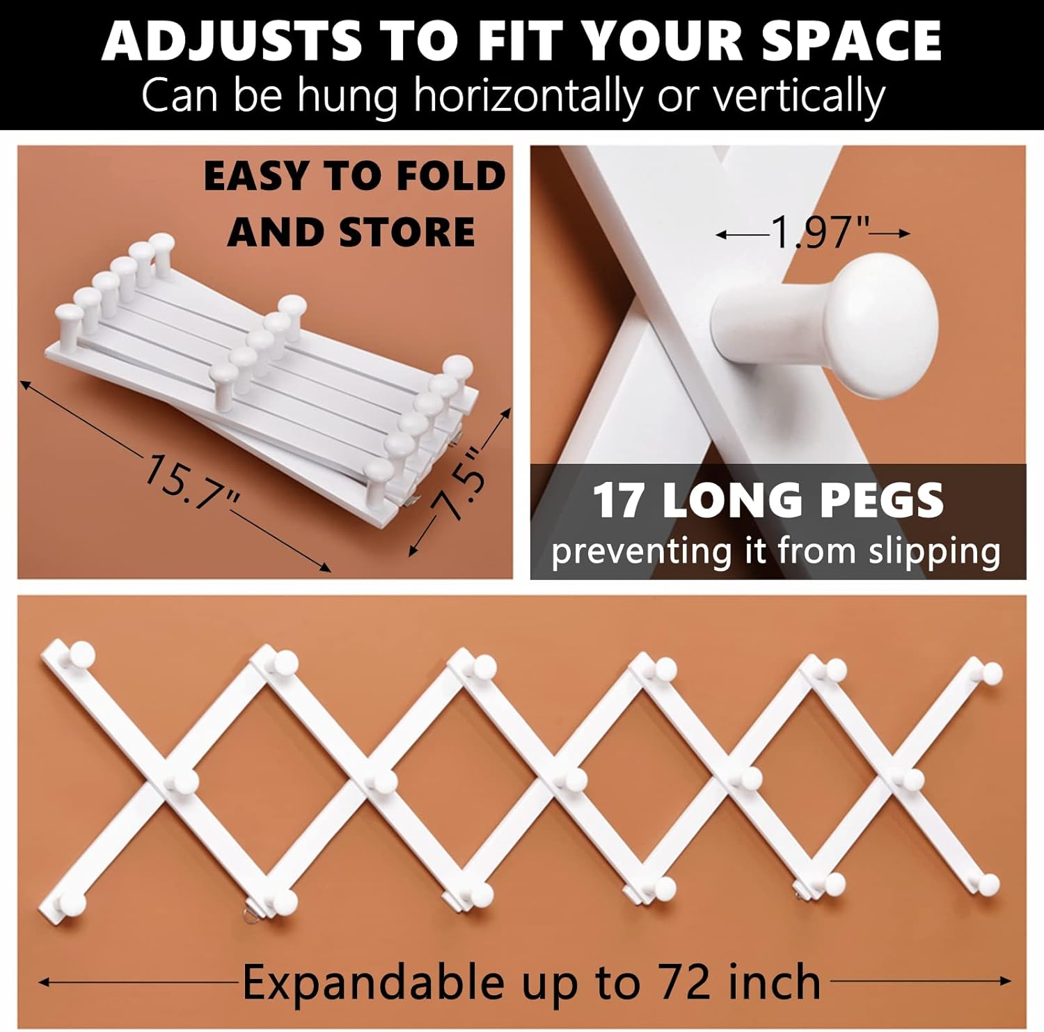 Amber Home Wood Accordion Wall Rack 17 Hooks (Pegs), Expandable Wall Mounted Hanger for Coat, Hat, Scarf, Coffee Mugs, X Shape Coat Hooks (White Color)
