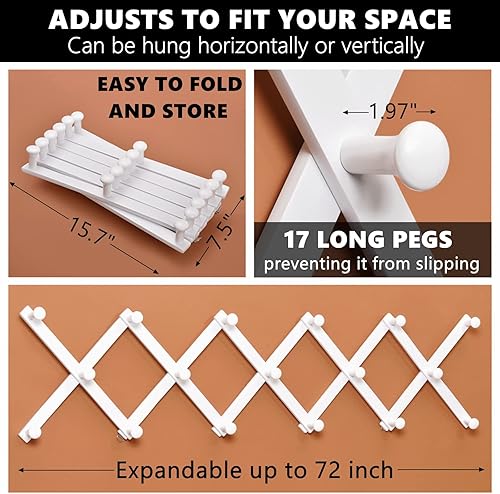 Miniatura 2 de Amber Home Estante de pared de acordeón de madera para 17 ganchos (mascotas), colgador de pared expandible para abrigo, sombrero, bufanda, tazas de