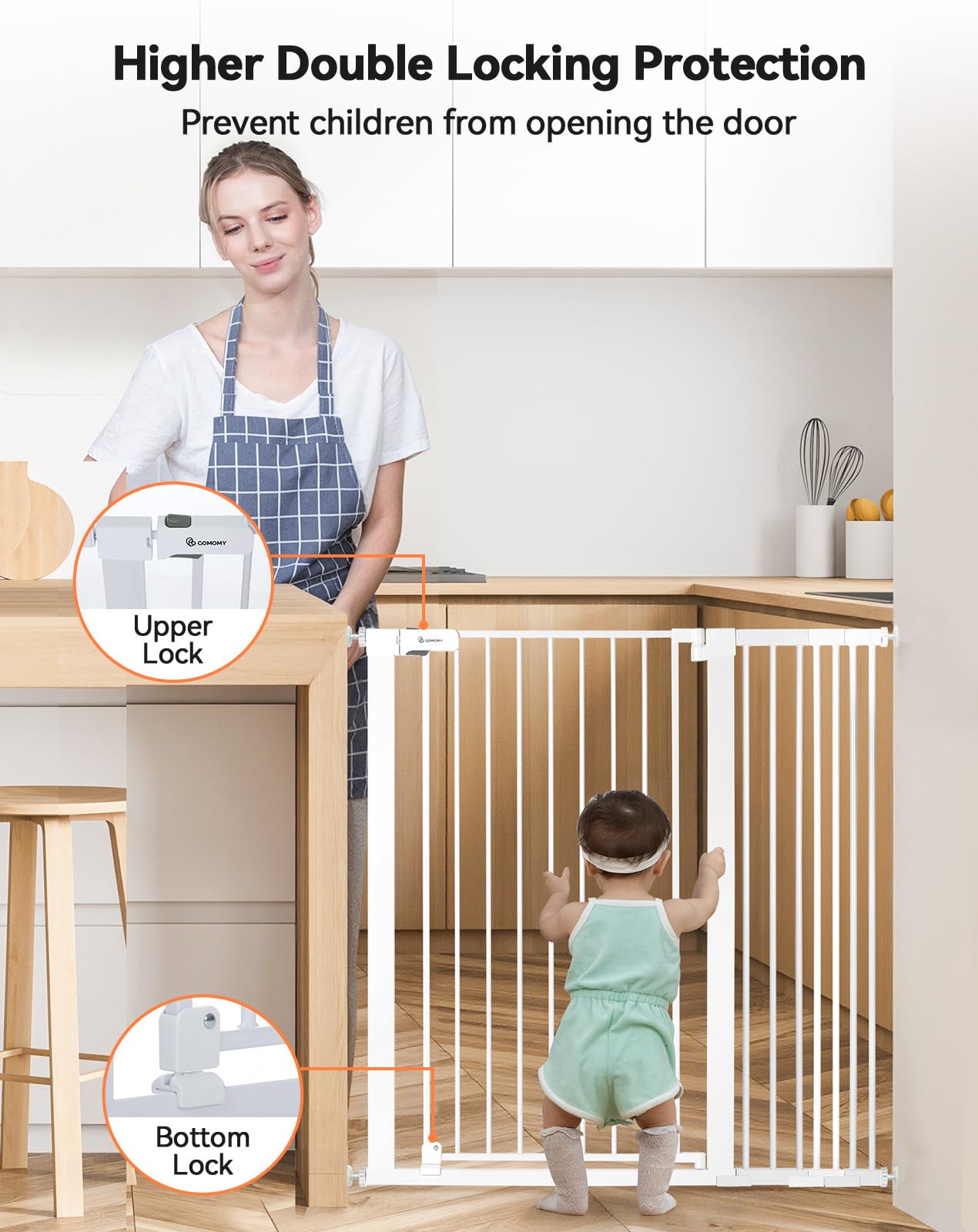 COMOMY Cancelletto per bambini extra alto da 107 cm per scale porte, si adatta a aperture da 75 cm a 110 cm di larghezza, chiusura automatica, robusto cancello di sicurezza per casa, montaggio a