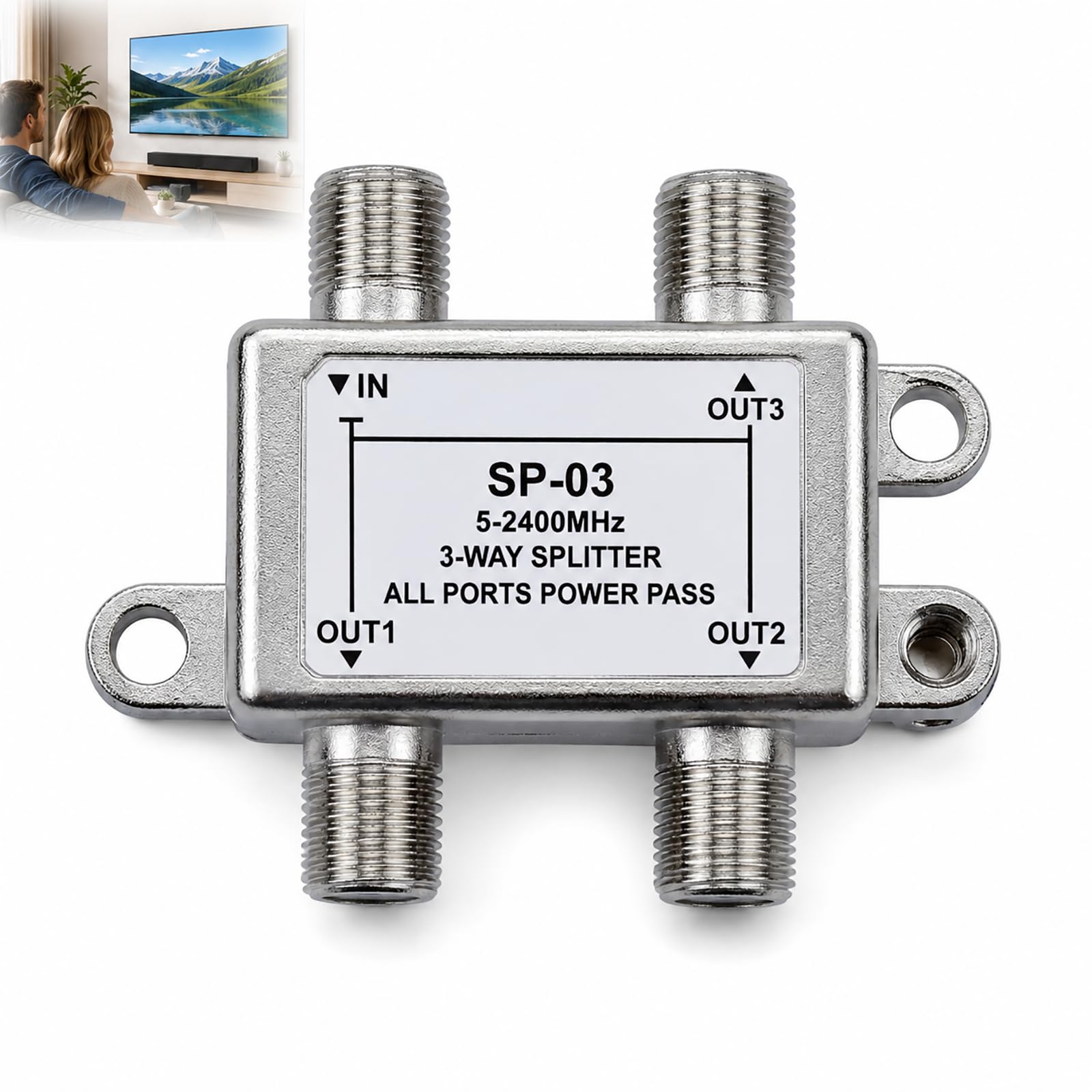 SAT Verteiler 3 Fach, 3 Wege SAT Verteiler F Stecker 5-2400 MHz für DVB-S, DVB-S2, DVB-C, DVB-C2, TV, Radio, Receiver, HDTV UHD 4K kompatibel mit Metallgehäuse, DC Durchgang für Satellitenanlage