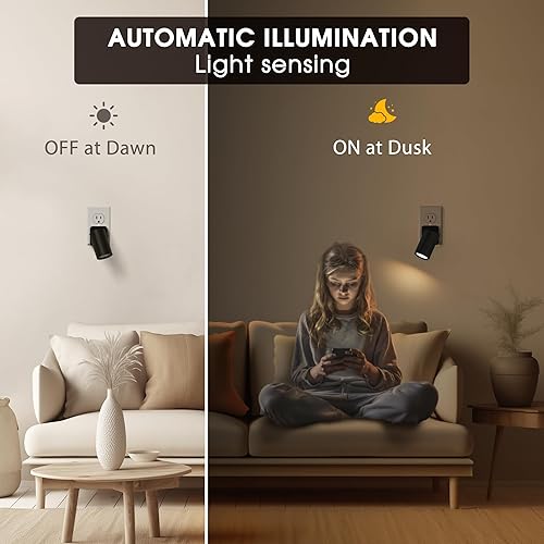 Miniatura 3 de Briignite Luces nocturnas enchufables a la pared, rotación de 320, luz nocturna del atardecer al amanecer, luz nocturna regulable de color blanco
