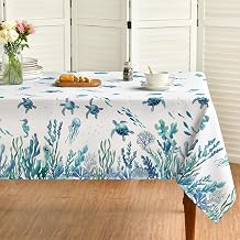 Horaldaily Summer Tablecloth 60104 Inch Rectangular, Sea Turtle Seaweed Jellyfish Blue Spring Washable Table Cover for Party Picnic Dinner Decor