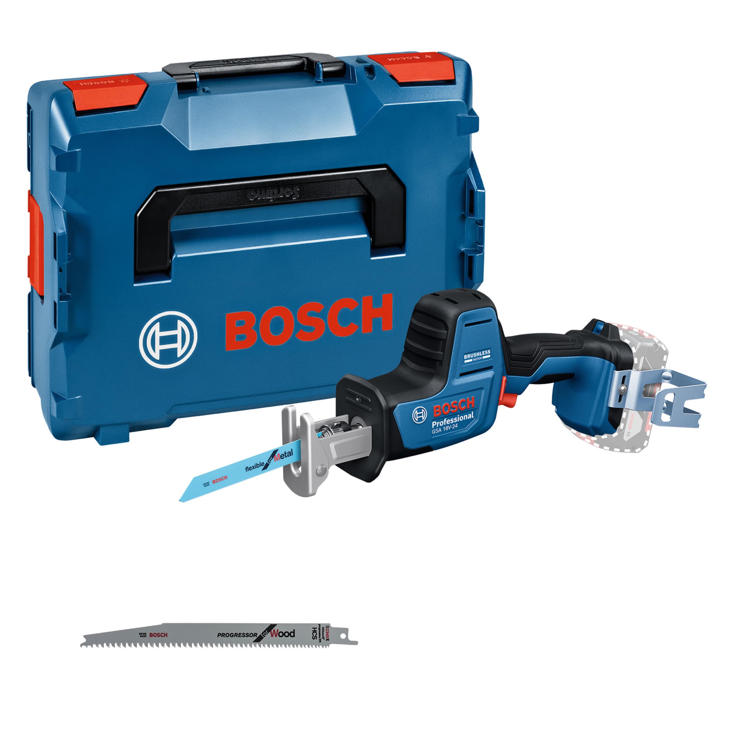 Bosch Professional 18V System Akumulatorowa piła szablasta GSA 18V-24 (brzeszczot S922EF, S2345X, zestaw z hakiem do drabiny, walizka L-BOXX)