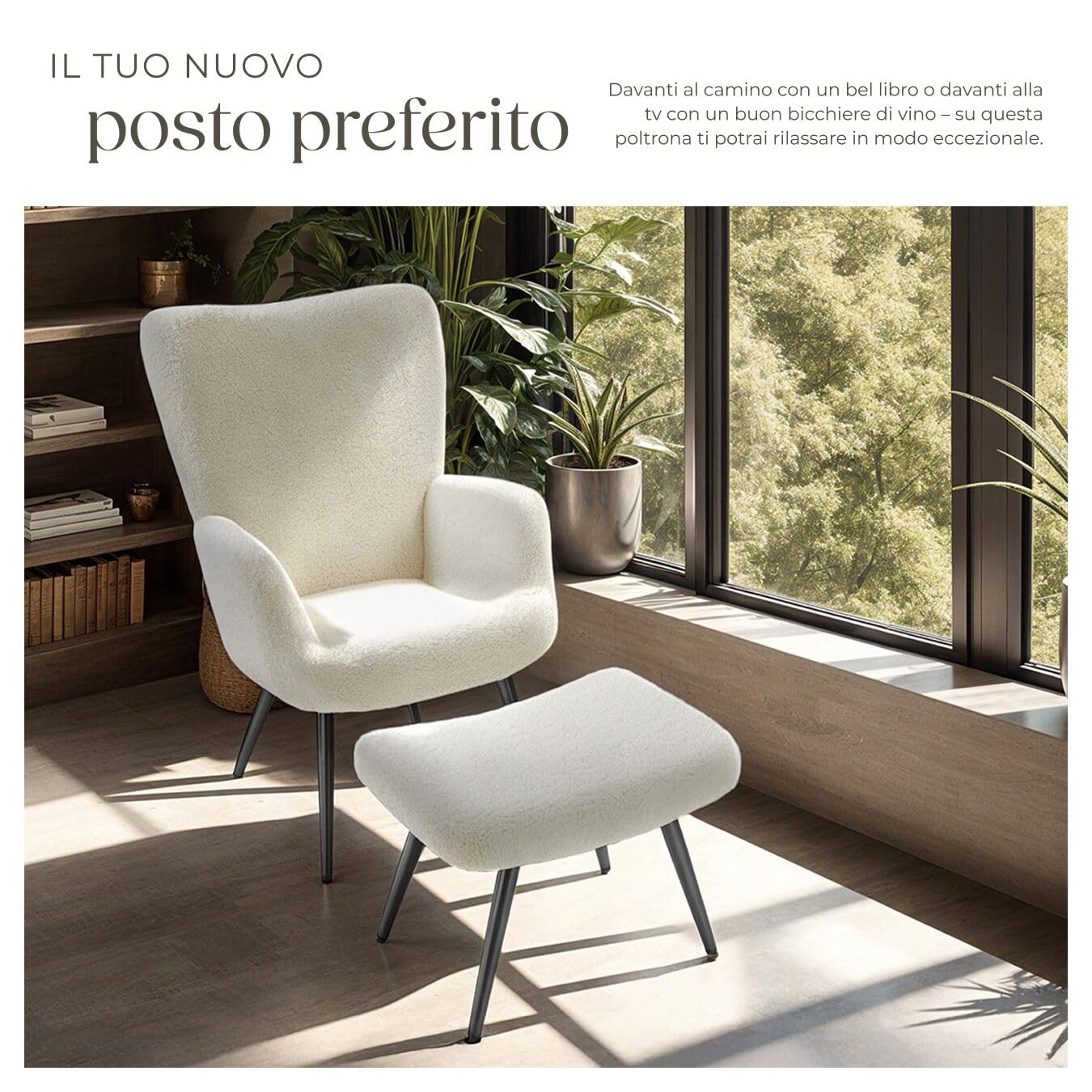 tectake® Poltrona Imbottita, Poltrona Ergonomica con Schienale e Braccioli, Poltrona Camera da Letto, Poltrona Salotto Moderna, Carico Massimo 150 kg - con Pouf, Bouclé, Crema/Nero