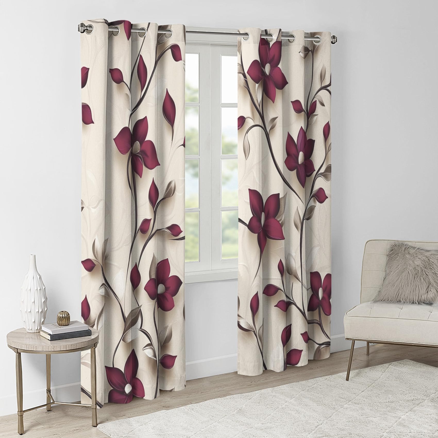 Rideau Occultant Bourgogne Floral - Rideaux Thermiques à Oeillets - Rideaux Imprimé Motif Vintage pour Salon Chambre Fenetre - Lot de 2 Rideaux et Draperies Intérieurs - 140x200 cm (L x H)