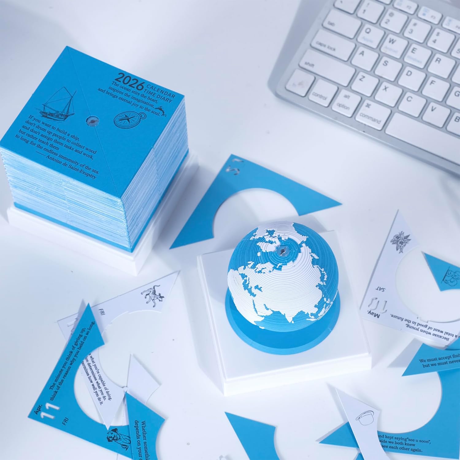 Desk Calendar 2026 3D Earth Time Piece Tear Away Memo Pad with Inspirational Daily Notes, 365-Day Paper Sculpture Planning Calendar with Plastic Base & Clear Box Cover for Christmas & New Year Gifts