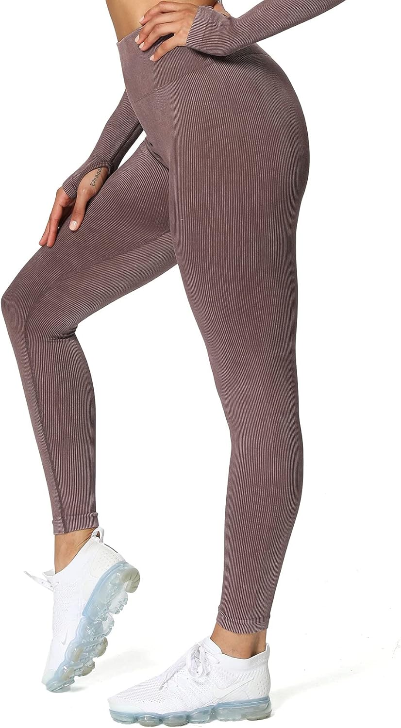 Aoxjox Women's Wash Ribbed Seamless Leggings High Waisted Workout Yoga Pants at  Women’s Clothing store