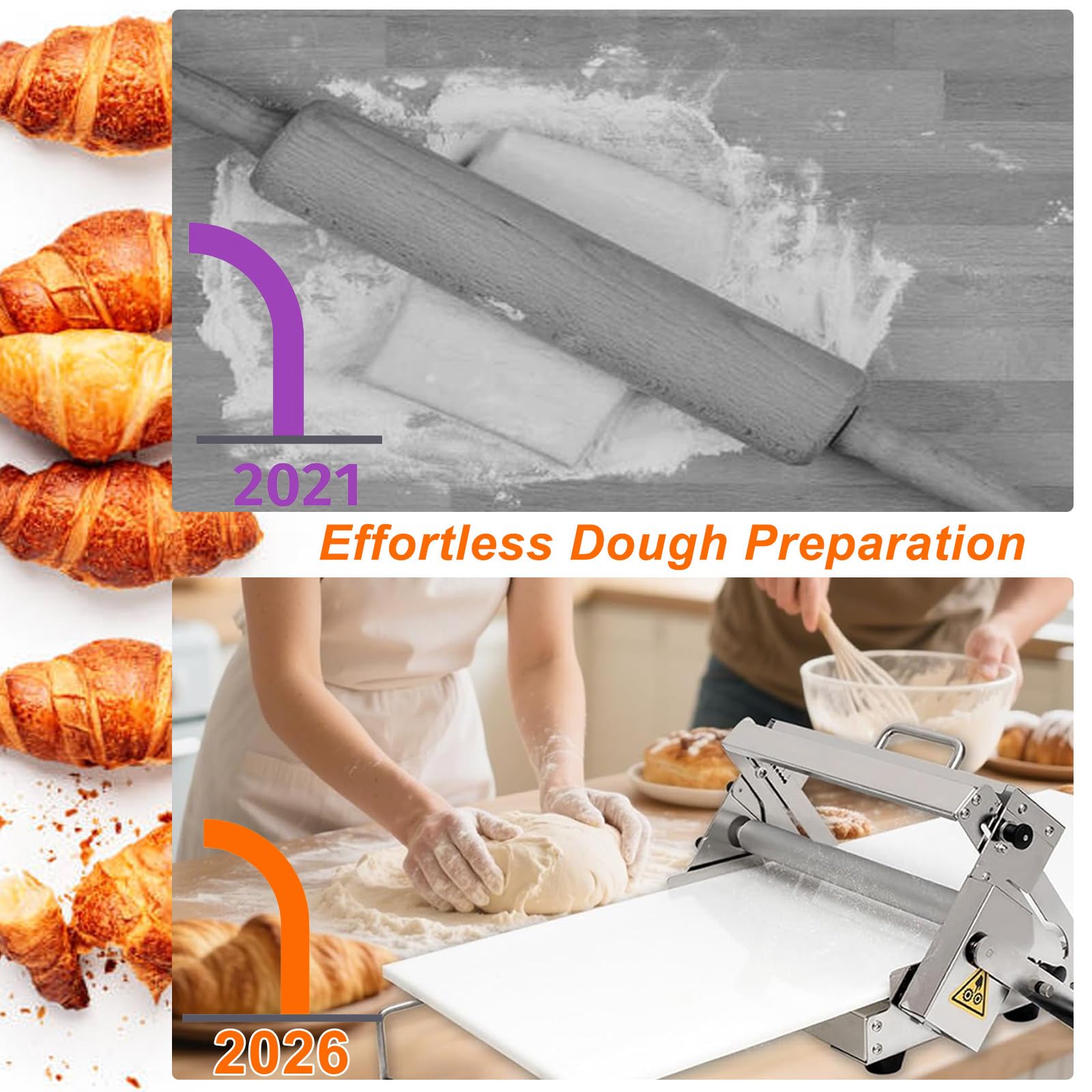Máquina laminadora de Masa Manual, Rodillo Plegable de Acero Inoxidable con Grosor Ajustable, Prensa de Masa compacta para hojaldre, Masa de Pizza, Croissants y Productos de panadería 35×16"