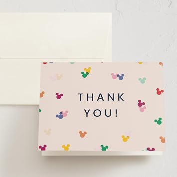 Minted Thank You Cards 10 Pack Disney Mickey Confetti Design Folded 4.25 x 5.5 Inch Blank Greeting Cards with Envelopes for Kids Parties Baby Shower Celebration Appreciation Notes