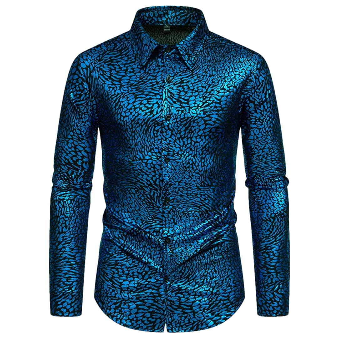 Camisa ajustada con botones para hombre, camisa de vestir de manga larga para fiesta, etapa de graduación, camisa de baile de los años 70