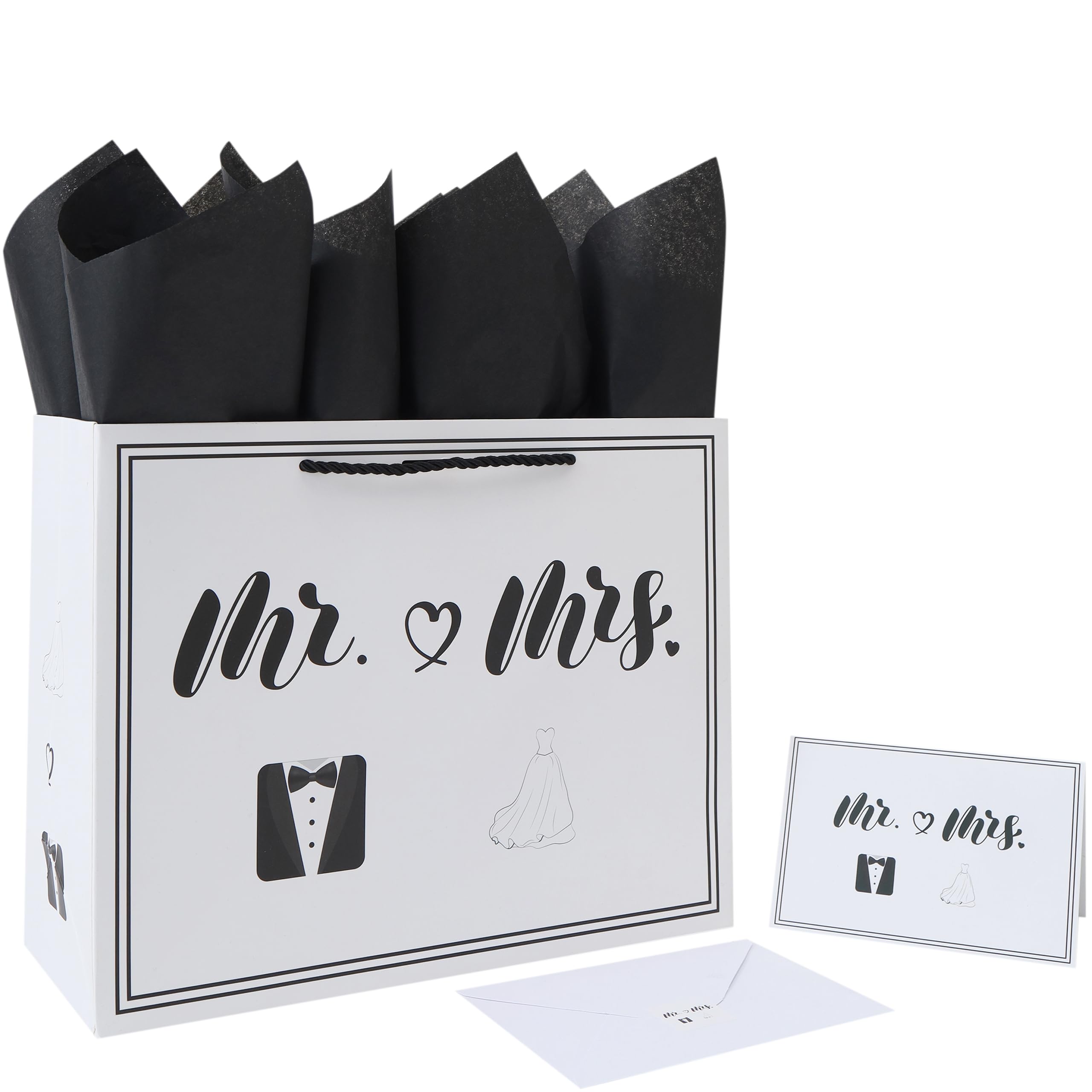 wishinside 13” Large Wedding Gift Bag Set with Handles, Greeting Card, Tissue Papers and Stickers for Bridal Shower Anniversary Engagement Newlyweds Couple, Elegant Mr. & Mrs. Design, 1 Pcs