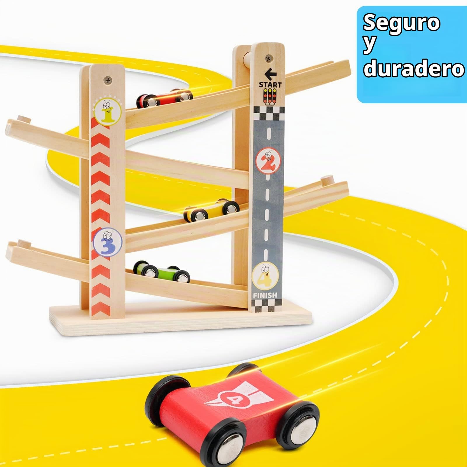 Rampas para Coches de Madera | Tobogán de Coche en Zigzag | Parking Garaje Coches Juguetes | Juguetes para Niños Pequeños Pista de Carreras de Madera con 4 Coches | Regalos de Niño de 3 4 Años (City)