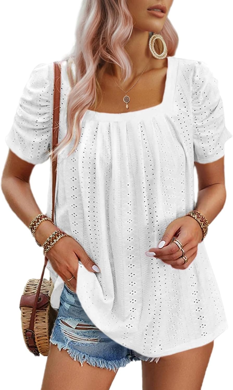 Dokotoo Women's Hollow Pleated Short Sleeves Square Neck Casual Loose Solid Color Knit T Shirts Tops Blouses White X-Large