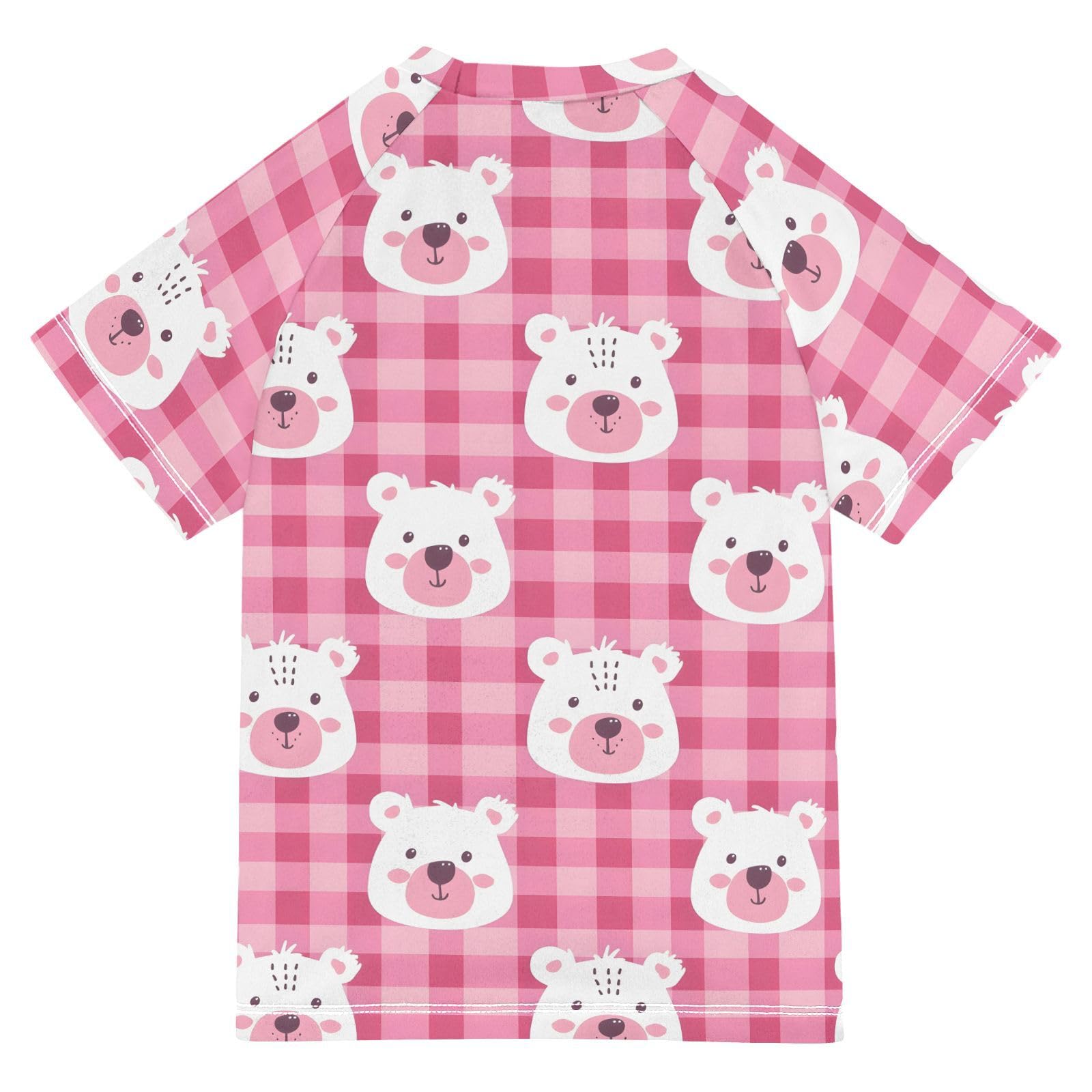 ALAZA Kids Rash Guard Boys Toddler Swim Shirts Short Sleeve Bear Pink Checkered UPF 50+ 3T