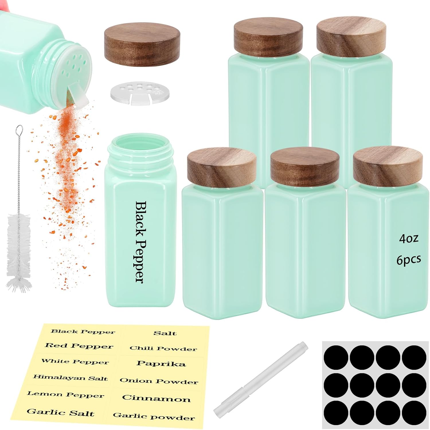 6Pcs 4 oz Square Glass Spice Jars with Label, Empty Spice Containers with Wooden Lids, Square Seasoning Containers and Supplement Set, Small Seasoning Bottles for Salt, Sugar, Pepper (Turquoise)