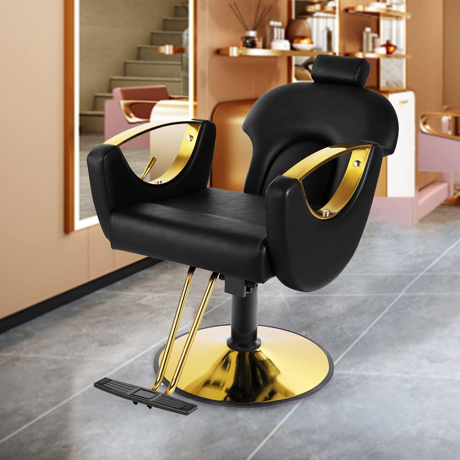 Generisch Liegender Friseurstuhl, höhenverstellbarer hydraulischer Friseurstuhl, professionelle Salonausstattung für Stylisten, Spa- und Schönheitsanwendungen, Elegantes Gold-Finish