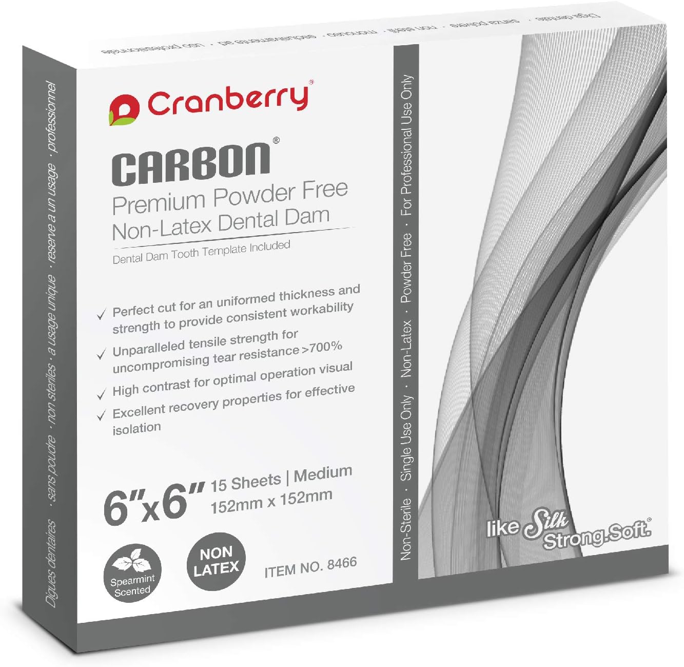 Cranberry USA CR8466 Carbon Dental Dam, Non-Latex Powder-Free, Spearmint Scented, Dark Grey, 6" x 6" Size, Pack of 15