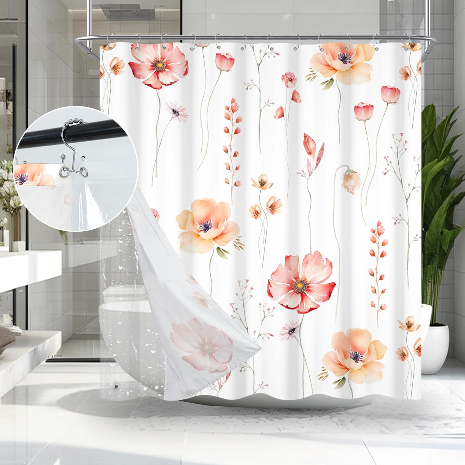 AWERT Shower Curtain with Liner 3 in 1 Shower Curtain Set Coral Beige Floral Shower Curtain and Liner Set Clear PEVA Liner with 12 Rust Proof Hooks 70x70 inch