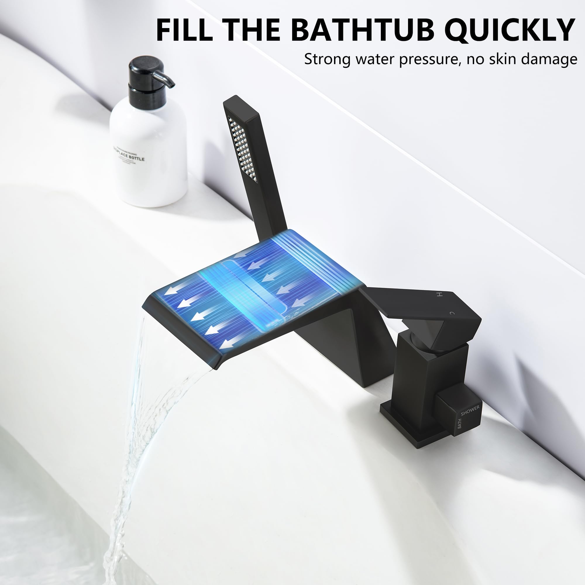LIWEIKE 3 Loch Badewannenarmatur, Wasserfall Badewannenarmatur Matt schwarz Römische Badewanne Wasserhahn mit Handbrause