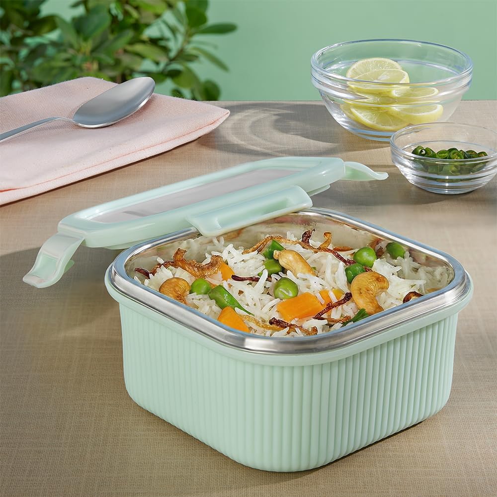 Larah by BOROSIL Freshbyte Food Storage Container with Airtight Stainless Steel Lid | Fridge Container for Lunchbox | Food Grade | Microwave Safe