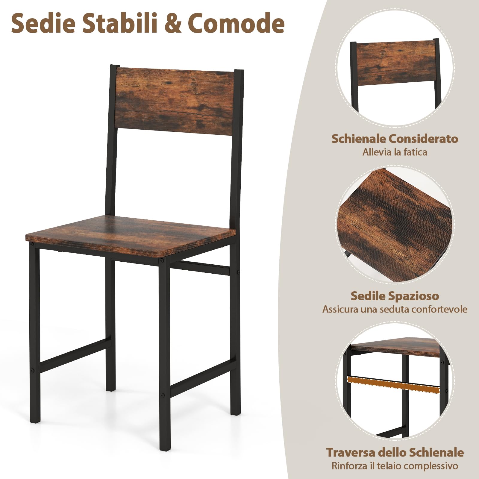 RELAX4LIFE Set Tavolo e Sedie da Cucina con Tavolo da P ranzo, Panca e 2 Sedie, 4 Posti, in Design Industriale gruppo sedute con Ripiano in MDF e Struttura in Metallo (marrone rustico)