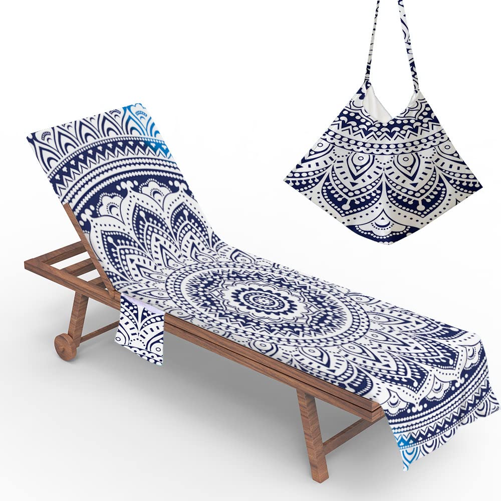 Morbuy Beach Towel with Pockets, Beach Chair Cover Towel, Classic Mandala Totem Print Microfiber Portable Holiday Sun Lounger Towel for Swimming Pool SPA Travel (73x210cm,Dark Blue)