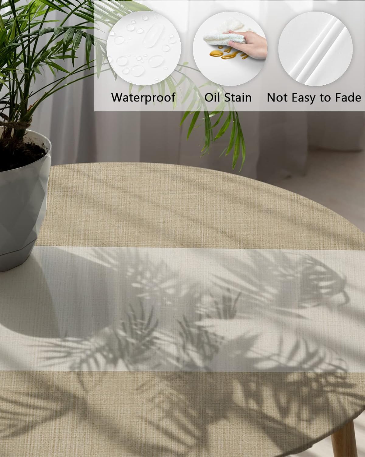 Fitted Tablecloth for Round Table,Khaki Beige Vintage Linen Table Cover with Elastic Edge Waterproof Table Cloth,Retro Farm Minimalist Art Circle Table Covers for Kitchen Indoor Outdoor 45-54in