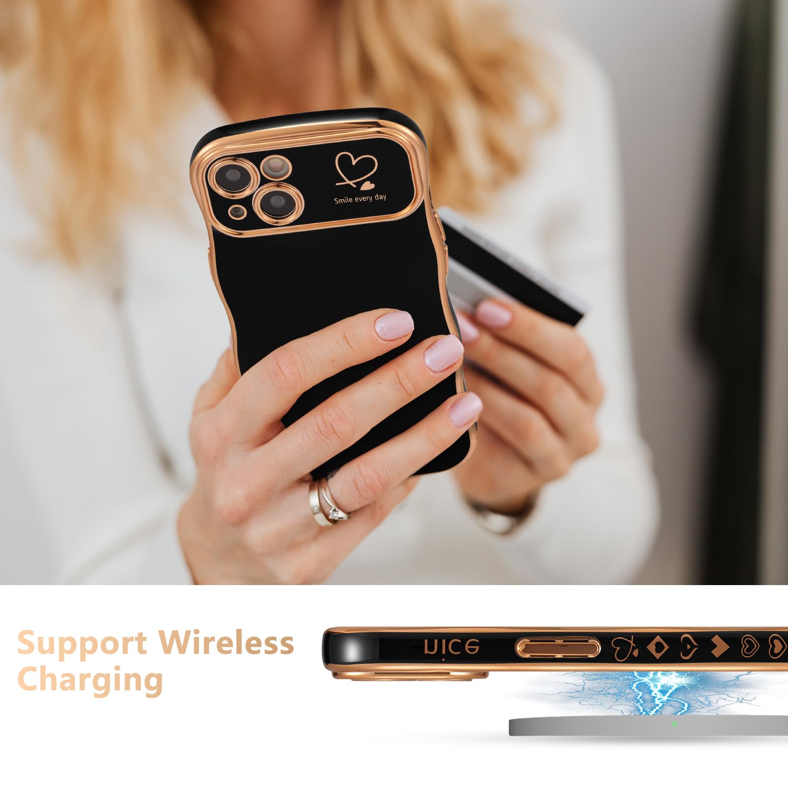 ZTOFERA IPhone 14 Plus Hülle Für Frauen – Weiches Silikon Mit Herz-Muster & Goldenem Rand