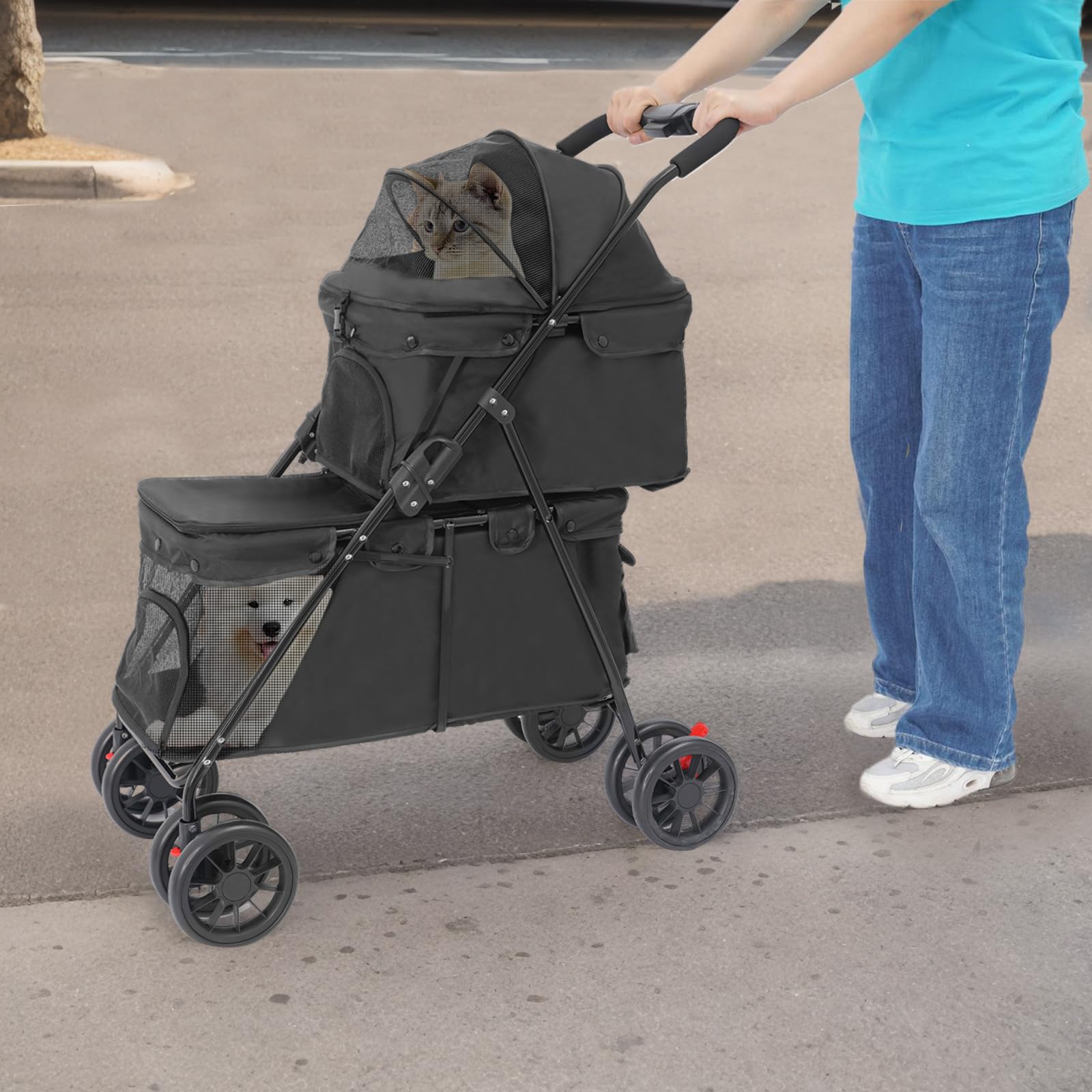 Carro de mascotas de 2 capas para perros y gatos, cochecito plegable de doble cubierta con ventana de malla, freno y bolsa de almacenamiento, estructura estable de acero de carbono, con capacidad de