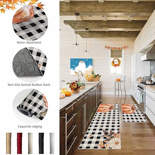 Miniatura 4 de Juego de 2 alfombras de cocina de otoño con diseño de calabaza, antifatiga, antideslizantes, cómodas, para el suelo, juego de alfombras de cocina