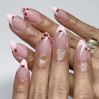 24Pcs Valentines Heart Press on Nails Medium Almond Valentines Fake Nails Pink French Tip Acrylic Nails Artificial Red Heart False Nails Valentine Press ons Romantic Wedding Glue on Nail for Women