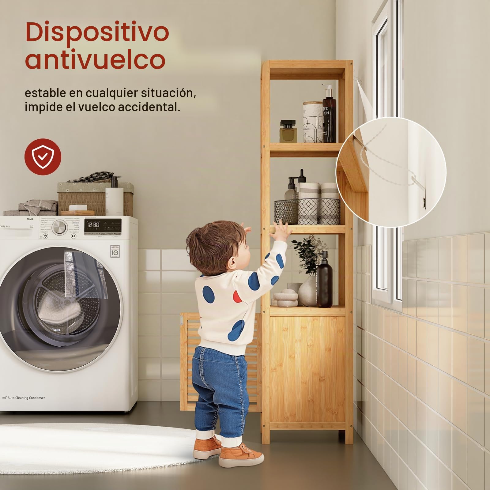 WOLTU Armario Baño Bambú, Mueble de Almacenamiento con 3 Compartimentos Abiertos y 1 Puerta de Rejilla, Armario Alto y Estrecho, 36x33x140cm