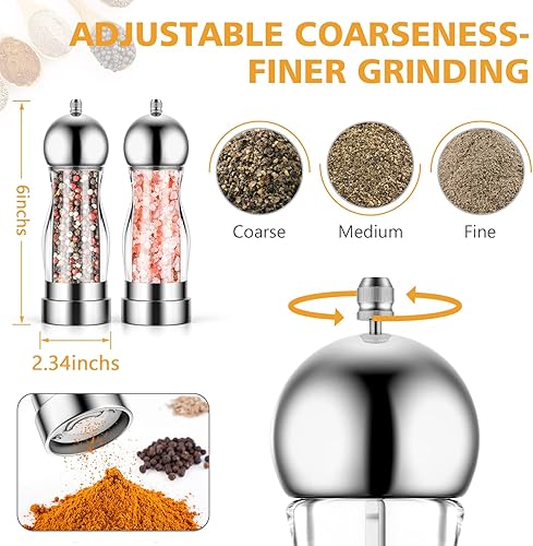 Miniatura 6 de Pepper and Salt Grinder Set, Refillable Acrylic Pepper Mill Set, Easy to Adjust the Coarseness- 6 inches (silver)
