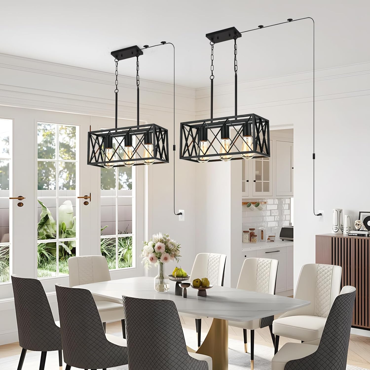 KEESFU Plug in Chandelier Black – Farmhouse Plug in Ceiling Lights, 3-Light Rustic Kitchen Pendant with 14.7ft Cord for Dining Room, Living Room, Foyer, Over Sink or Island