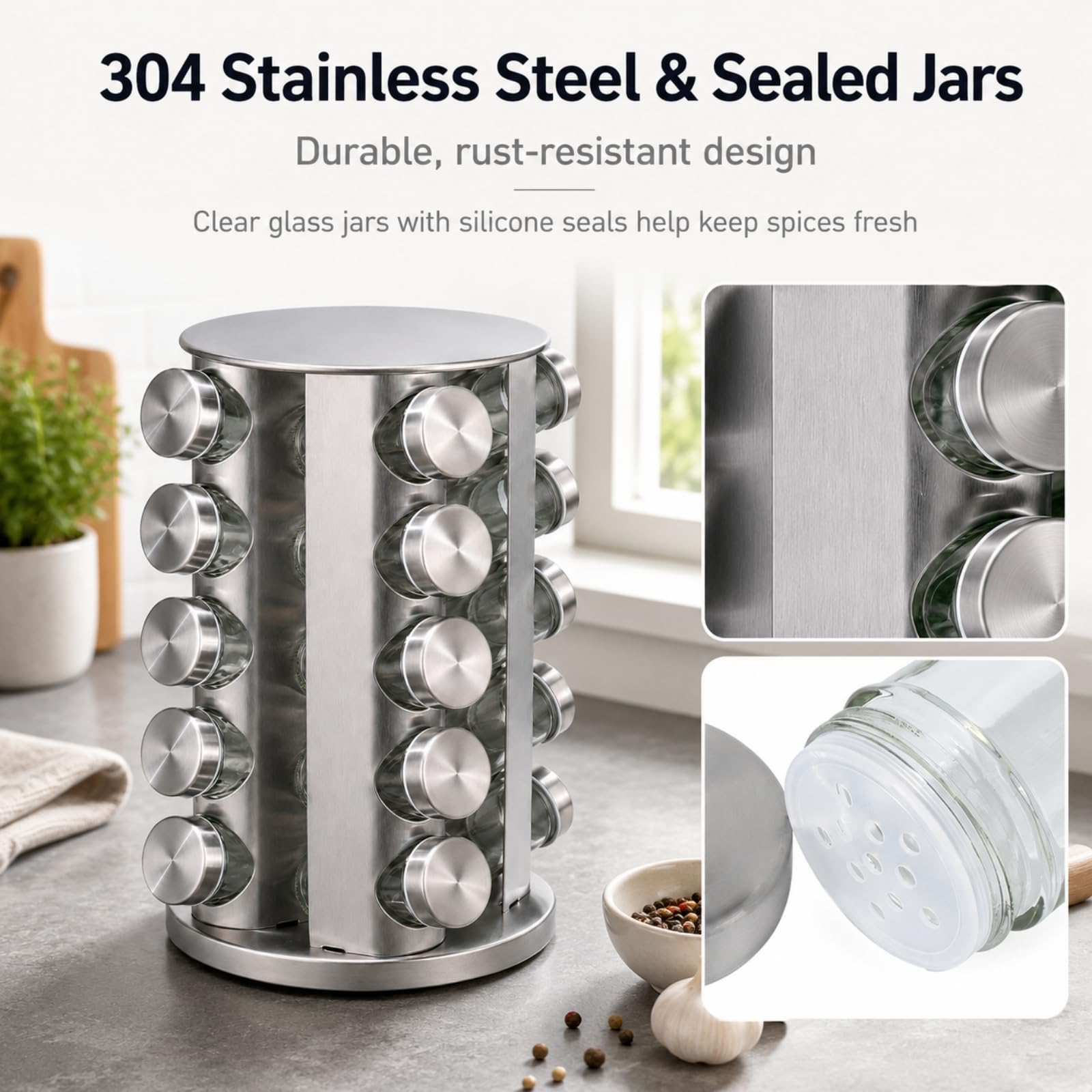 Gewürzregal drehbar, Edelstahl, mit Etiketten und Stift | Gewürzregal Stehend 5-stöckiges Design Spice Rack 360° Drehbar, mit 20 Gewürzdosen für die Küche