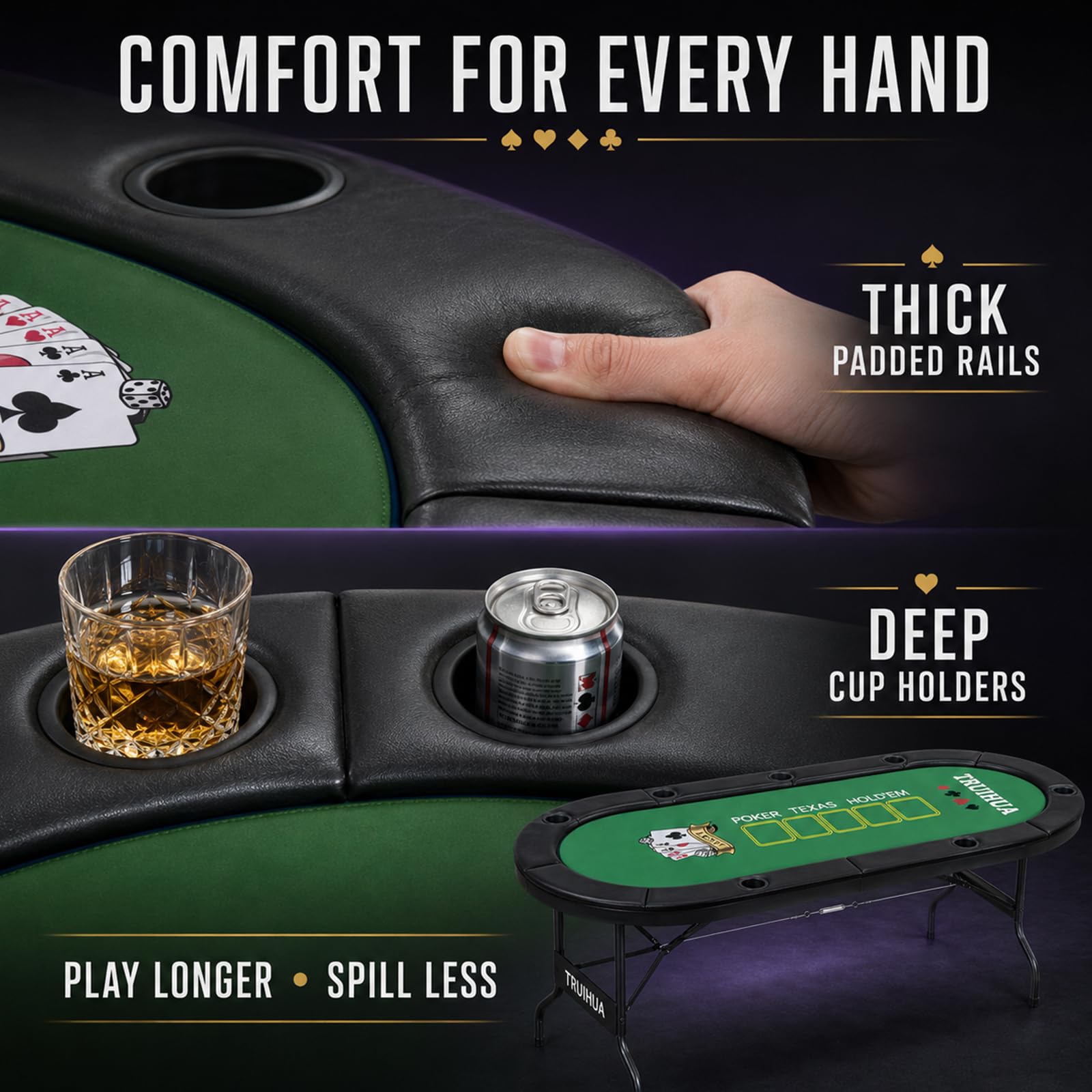 Tavolo da poker pieghevole da 180 cm per 8 giocatori, con 2 tappetini intercambiabili in feltro, guida imbottita e portabevande, Texas Hold'em e Blackjack